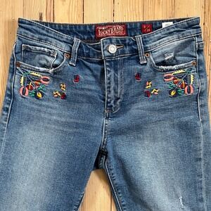 Lucky Brand Ava Skinny Jeans Embroidered floral rainbow Blue Denim Women's 2 26